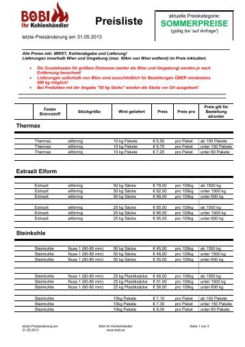 Preisliste - Bobi Ihr Kohlenhändler