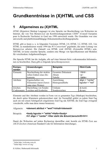 Grundkenntnisse in (X)HTML und CSS - am Institut für Mathematik ...