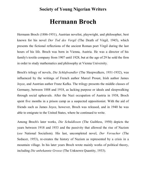 Hermann Broch - SOCIETY OF YOUNG NIGERIAN WRITERS