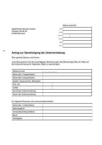 Antrag auf Untervermietung - GEWOFAG Holding GmbH