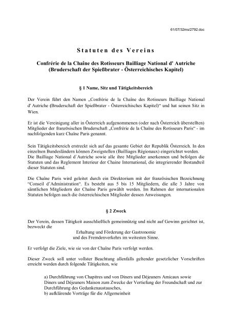 Statuten des Vereins - Chaine des Rotisseurs