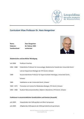 Curriculum Vitae Professor Dr. Hans Hengartner - Leopoldina