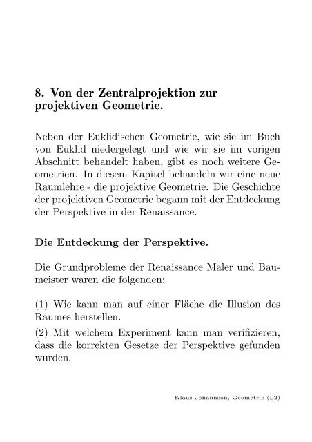 8. Von der Zentralprojektion zur projektiven Geometrie.