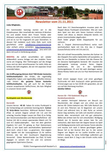 Newsletter vom 21.11.2011 - Tennis in Schwentinental