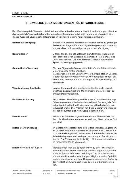 Zusatzleistungen für Mitarbeitende - Kantonsspital Obwalden