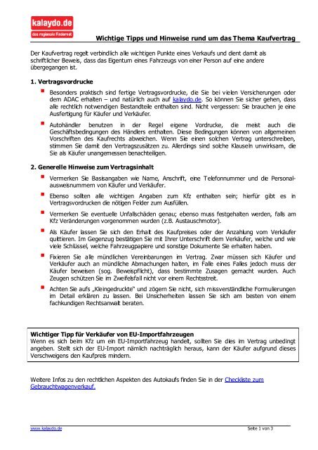 Tipps zum Kaufvertrag - Kalaydo.de