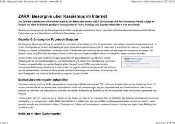 ZARA: Besorgnis über Rassismus im Internet