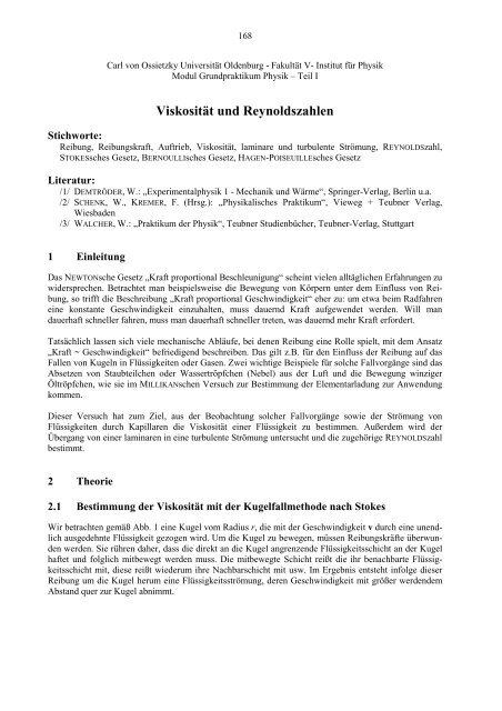 Viskosität und Reynoldszahlen - Physik-Praktika - Carl von ...