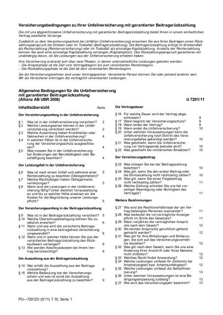 Versicherungsbedingungen Zu Ihrer Unfallversicherung Mit Allianz