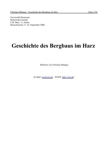 Christian Düntgen – Geschichte des Bergbaus im Harz - Xris.de