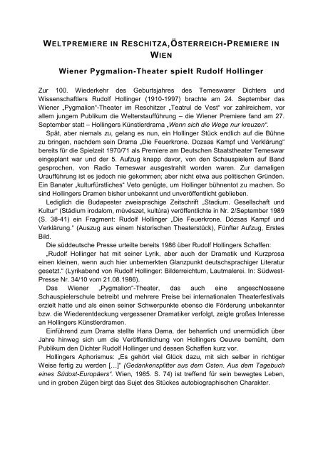 Wiener Pygmalion-Theater spielt Rudolf Hollinger - Kulturraum Banat