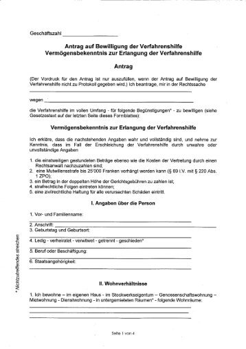 Antrag auf Bewilligung der Verfahrenshilfe Vermögensbekenntnis ...