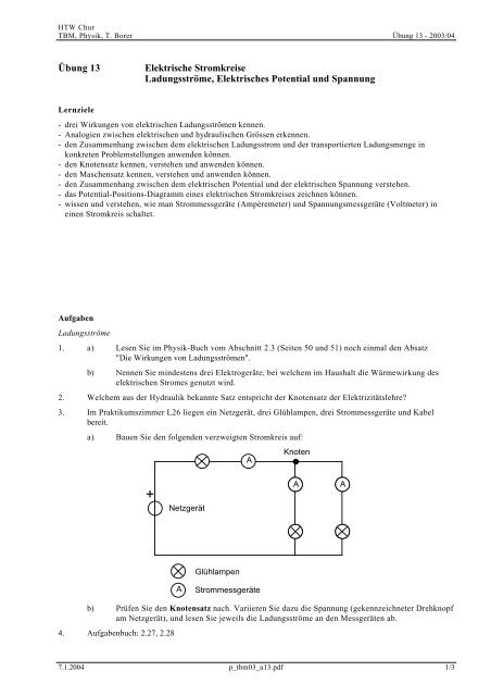 Übung 13 Elektrische Stromkreise Ladungsströme ... - Thomas Borer