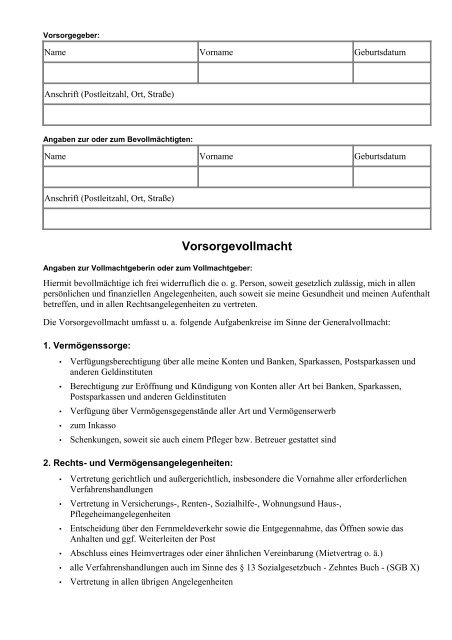 Vorsorgevollmacht Zum Ausdrucken Komplett