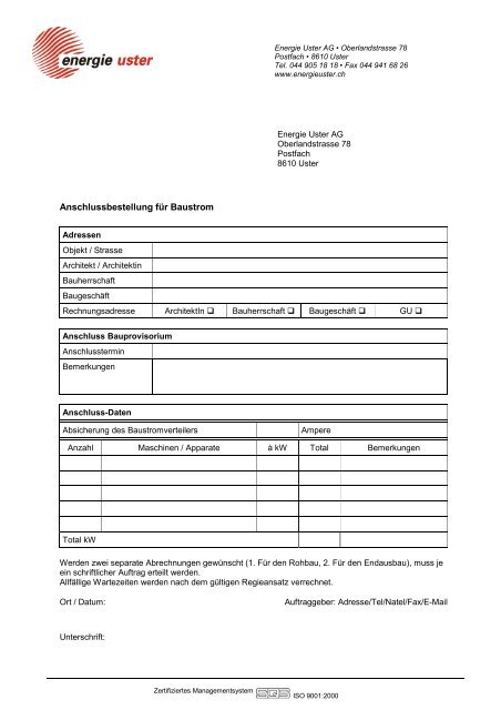 Anschlussbestellung für Baustrom - Energie Uster AG