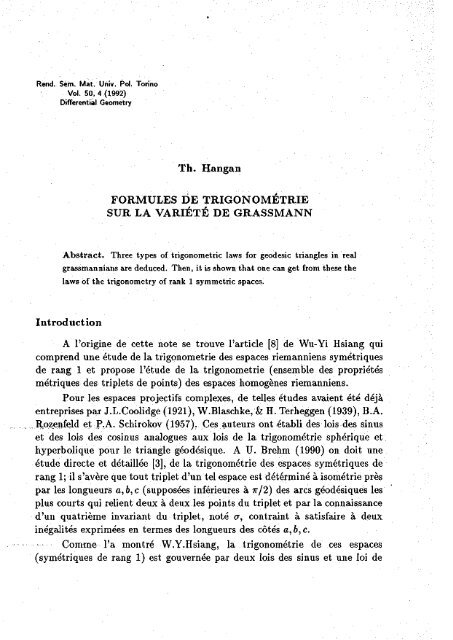 Th. Hangan FORMULES DE TRIGONOMETRIE SUR LA VARIÉTÉ ...