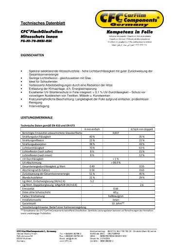 Technisches Datenblatt CFC®FlachGlasFolien Hitzeschutz innen