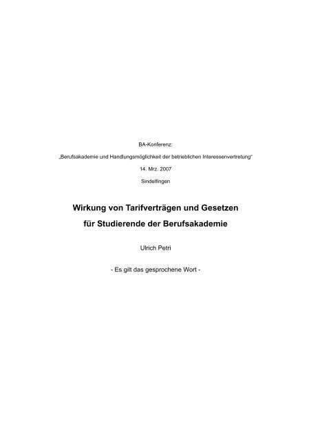 Ulrich Petri - Referat - Wirkung von Gesetzen und Tarifverträgen