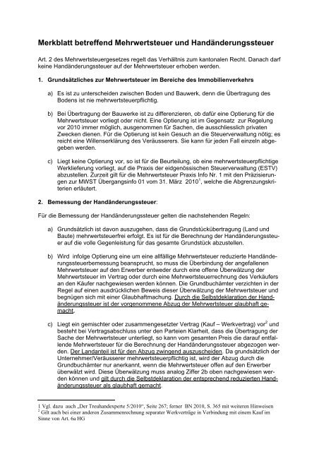 Merkblatt betreffend Mehrwertsteuer und Handänderungssteuer