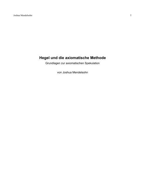 Hegel Und Die Axiomatische Methode Des Geistes - 