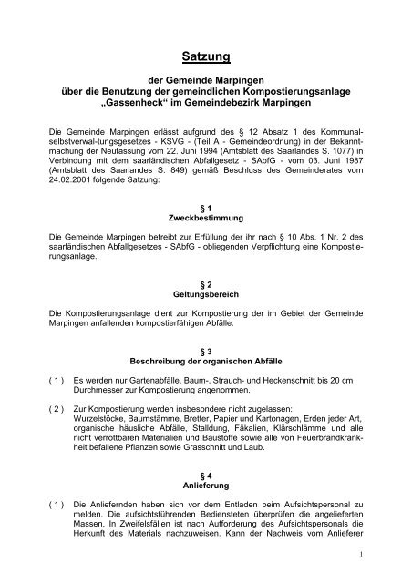 Satzung für die Kompostieranlage - Gemeinde Marpingen