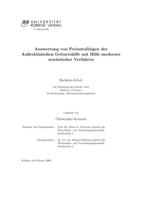 Auswertung von Perinatalboegen der Ausserklinischen Geburtshilfe ...