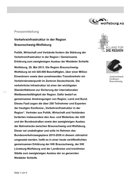 Pressemitteilung Verkehrsinfrastruktur in der Region ... - Wolfsburg AG