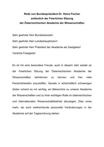 Rede von Bundespräsident Dr. Heinz Fischer anlässlich der ...