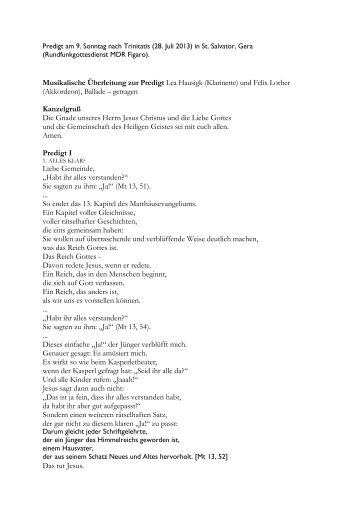 Musikalische Überleitung zur Predigt Lea Hausigk (Klarinette) und ...
