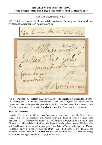 Ein Altbrief aus dem Jahr 1697, seine Postgeschichte im Spiegel ...
