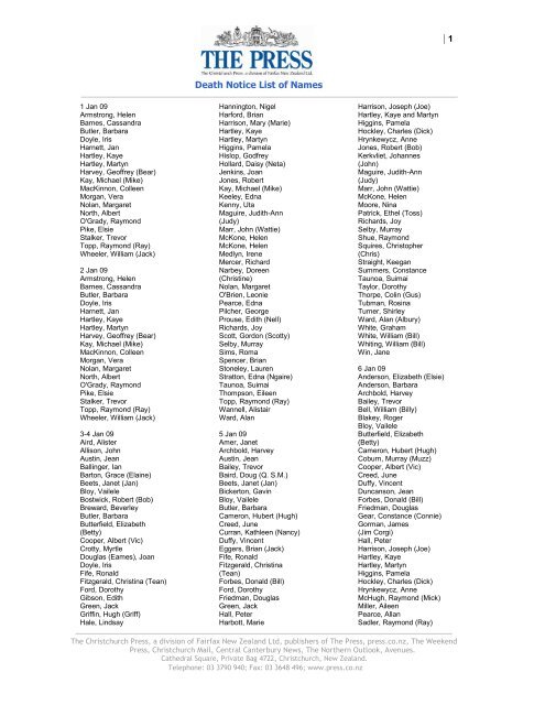 Death Notice List of Names - Stuff
