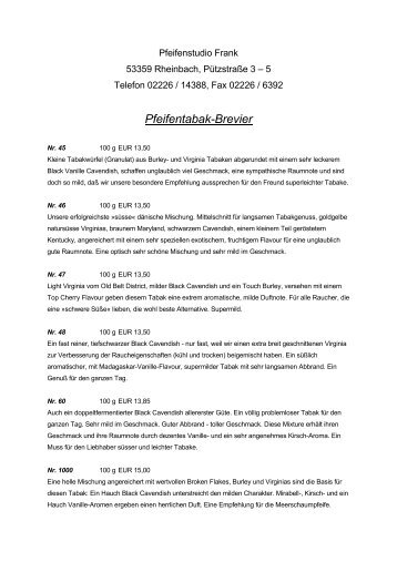 Die Tabakliste von Frank in Rheinbach - Pfeife und Tabak