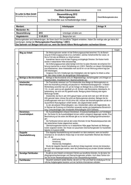 Checkliste Werbungskosten - Dr. Leifert & Molz