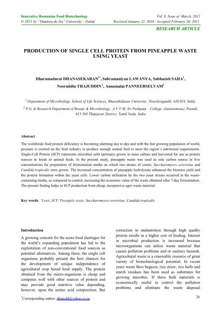 production of single cell protein from pineapple waste - Bioaliment
