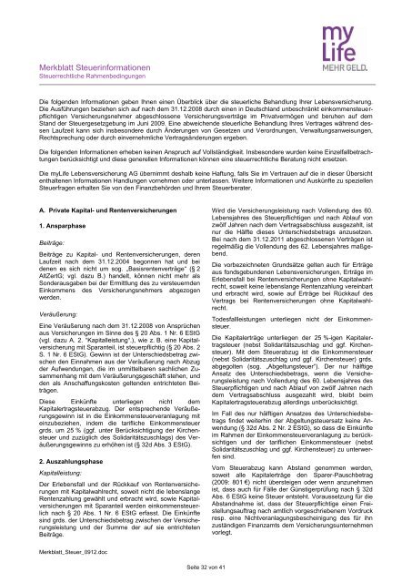 Merkblatt Steuerinformationen Mylife Lebensversicherung Ag
