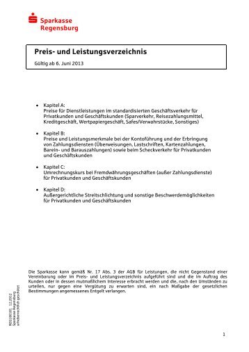 Preis- und Leistungsverzeichnis - Sparkasse Regensburg