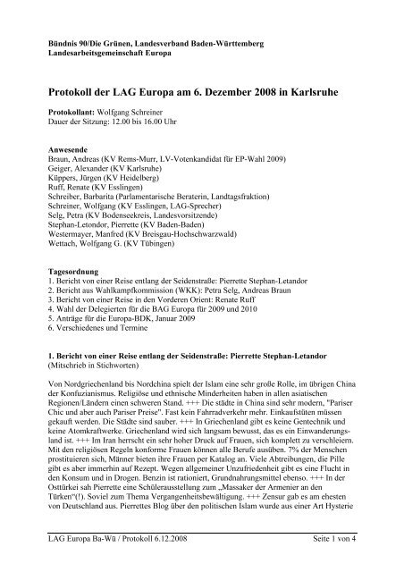 Protokoll der LAG Europa am 6. Dezember 2008 in Karlsruhe