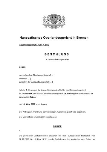 Ausl. A 6/13 - Hanseatisches Oberlandesgericht Bremen