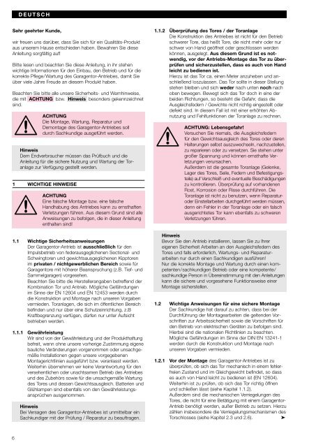 Anleitung für Montage, Betrieb und Wartung - bei Berner Torantriebe