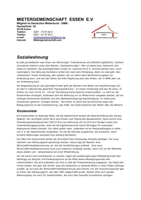 Ratgeber: Sozialwohnungen - Mietergemeinschaft Essen eV