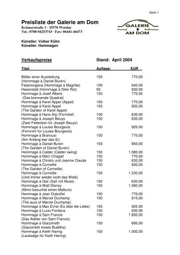 Preisliste Volker Kühn Künstler-Hommagen