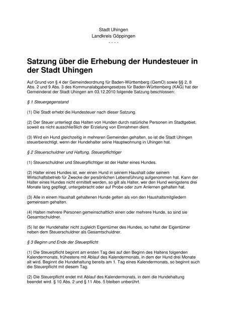 Hundesteuersatzung - Stadt Uhingen