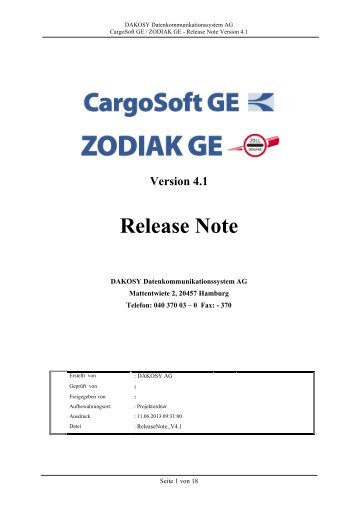 CargoSoft GE - Release Note - CargoSoft GE - DAKOSY ...