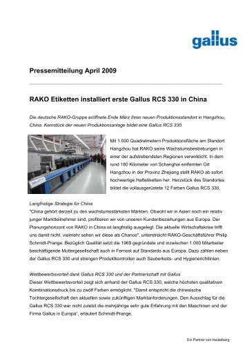 RAKO Etiketten installiert erste Gallus RCS 330 in China