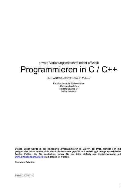 Skript Programmierung C/C++