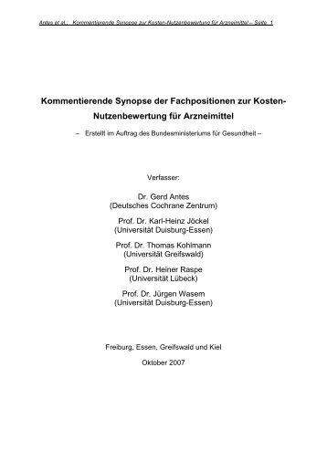 Kommentierende Synopse der Fachpositionen zur Kosten ...