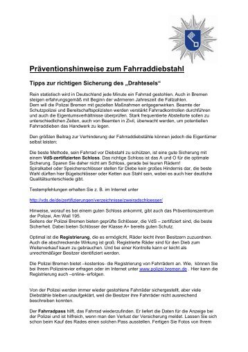 Präventionshinweise zum Fahrraddiebstahl (PDF) - Polizei Bremen