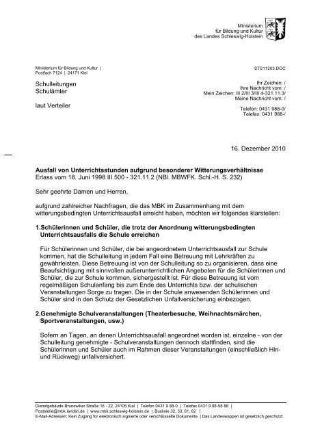 Brief des Ministeriums für Bildung und Kultur an die Schulleitungen ...