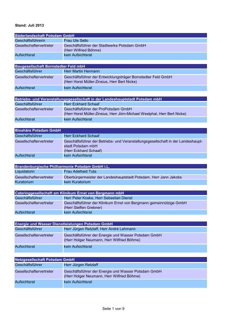 Stand: Juli 2013 Bäderlandschaft Potsdam GmbH Geschäftsführerin ...