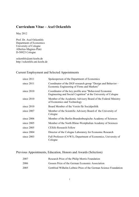 Curriculum Vitae - Lehrstuhl Prof. Axel Ockenfels an der Universität ...